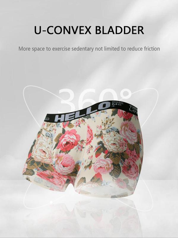 Men's Floral Print Letter Tape Boxer Brief, Breathable Comfy Underwear for Daily Wear, Casual Men's Underwear for All Seasons