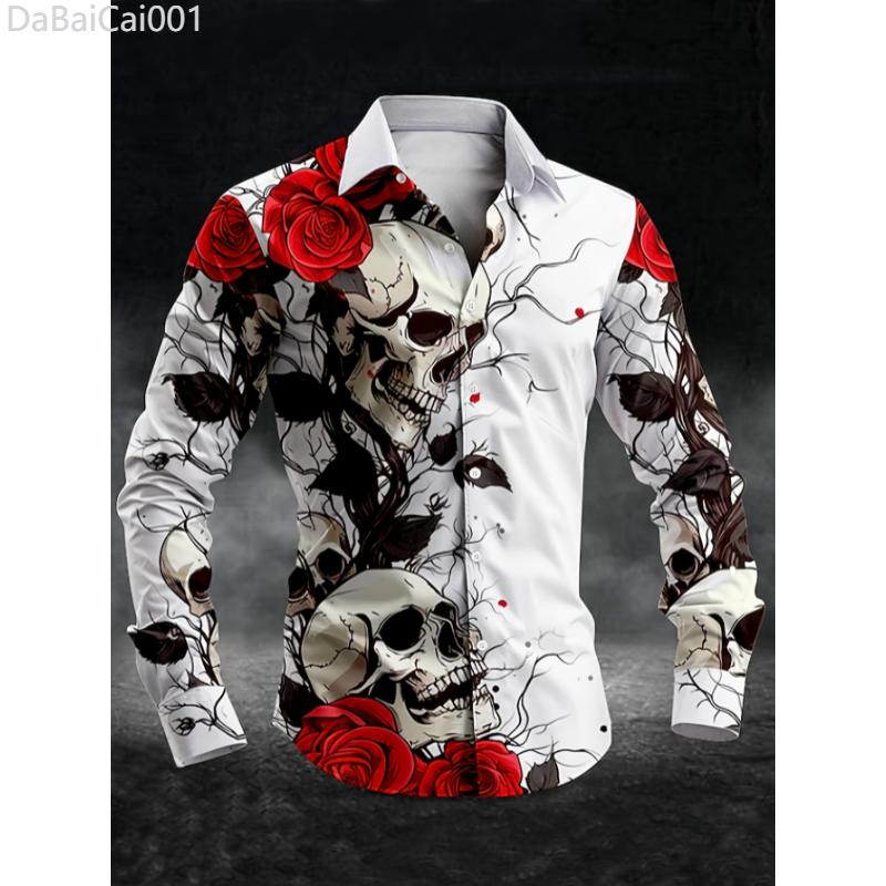 Men's Skulls & Roses Print Long Sleeve Shirt For All Seasons, Casual Comfy Shirt For Party As Gift, Outdoor Cloth