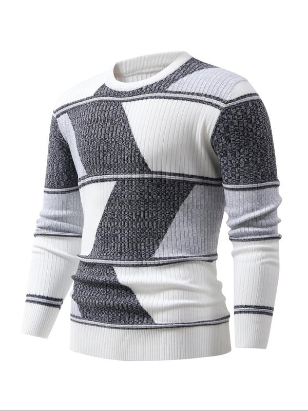 Men's Colorblock Geometric Print Drop Shoulder Sweater, Casual Regular Fit Long Sleeve Round Neck Jumper for Fall & Winter, Fashion Men's Knitwear for Daily Wear