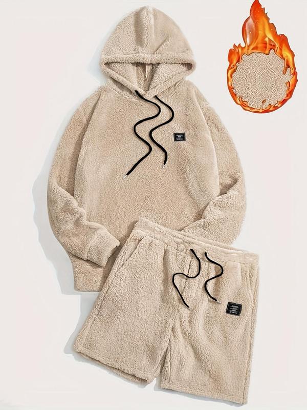 Men's Solid Drawstring Hoodie & Pocket Shorts Plush Set, Regular Fit Casual Long Sleeve Hooded Sweatshirt & Shorts, Men's Fall & Winter Clothes