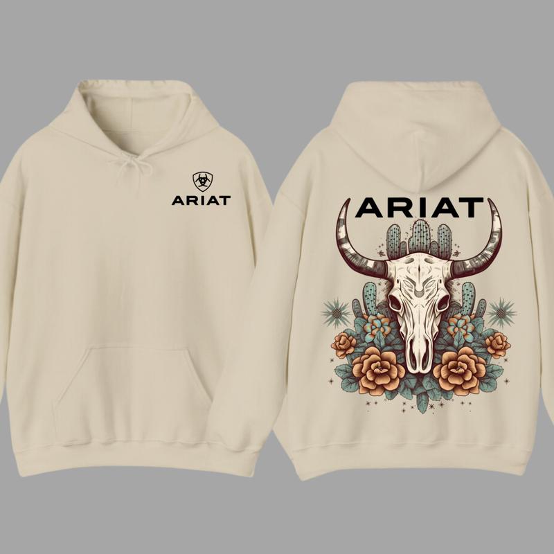 Ariat Hoodie - Bull Skull Design with Cactus Floral Patterns, Unisex Comfort for Outdoor Adventures & Classic Casual Style  Hoodie For Men, For Women