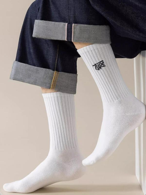 Men's Letter Embroidery Mid-calf Socks, Casual Comfy Breathable Crew Socks for Daily Wear, Men's Socks for All Seasons