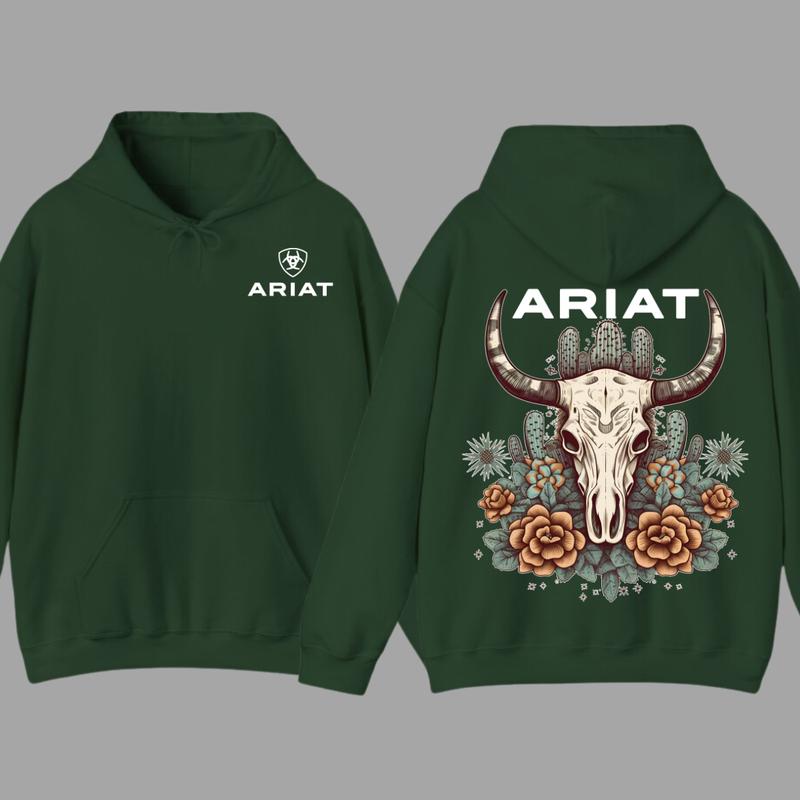 Ariat Hoodie - Bull Skull Design with Cactus Floral Patterns, Unisex Comfort for Outdoor Adventures & Classic Casual Style  Hoodie For Men, For Women