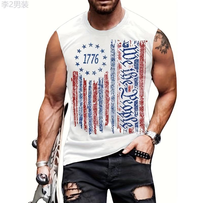 Stylish Summer Men's Tank Top - American Flag Design, Stretchy, Durable Fabric, Crew Neck, Perfect for Indoor & Outdoor Collar Menswear