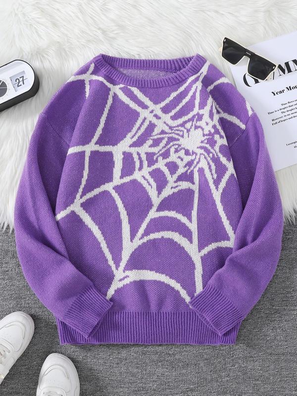 Men's Spider Web Pattern Round Neck Y2K Sweater, Fall Outfits 2024, Regular Fit Casual Drop Shoulder Long Sleeve Jumper for Spring & Fall, Fashion Men's Knitwear for Daily Wear, Fall Outfits