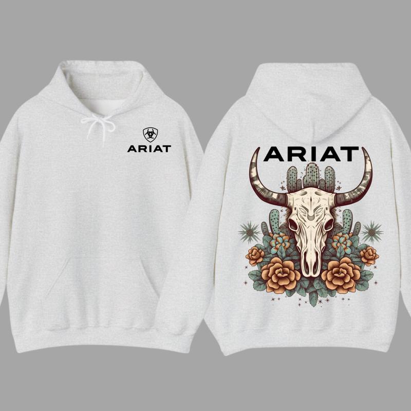 Ariat Hoodie - Bull Skull Design with Cactus Floral Patterns, Unisex Comfort for Outdoor Adventures & Classic Casual Style  Hoodie For Men, For Women