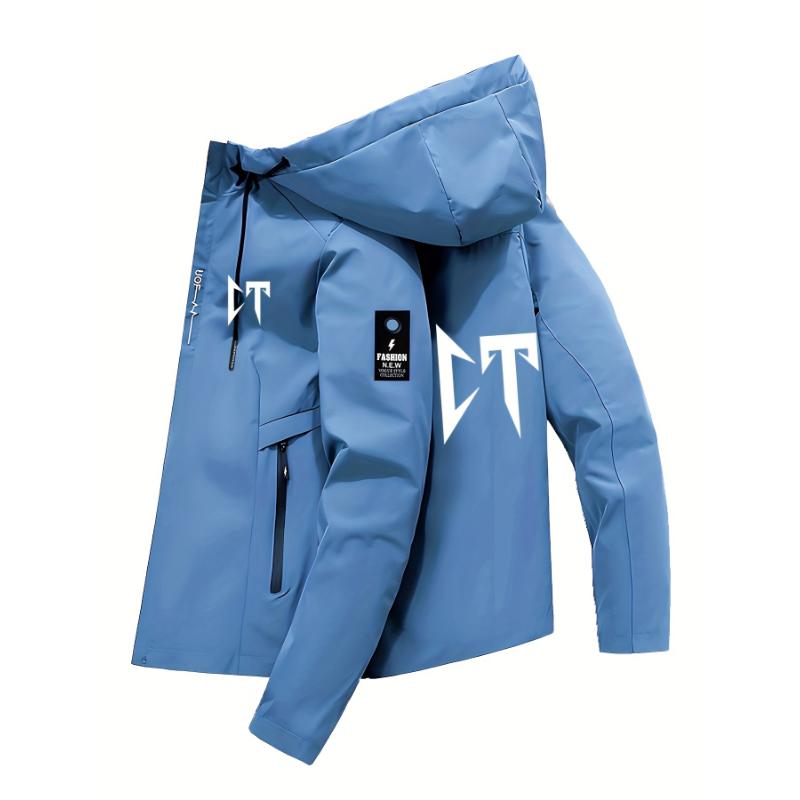 Men's Stylish Letters Print Hooded Windbreaker Jacket with Drawstrings - Outdoor Sports Coat for Men Menswear Sleeve