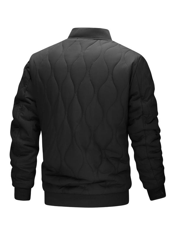 Men's Solid Color Quilted Zip Up Jacket, Loose Casual Long Sleeve Mock Neck Outerwear for Fall & Winter, Men's Clothes for Daily Wear