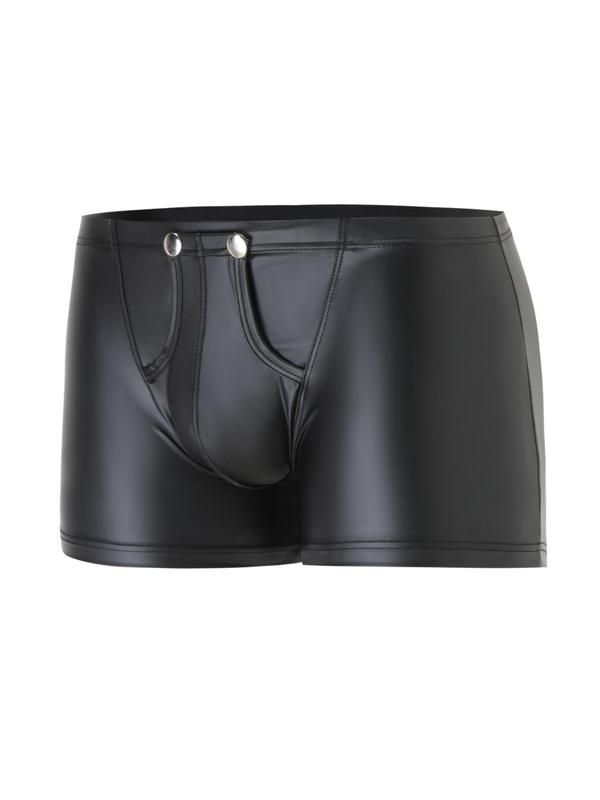 LGBTQ+ Men's Plain Button Front PU Leather Sexy Boxer Brief, Solid Color Breathable Comfortable Underwear for Daily Wear, Men's Fashion Underwear for All Seasons