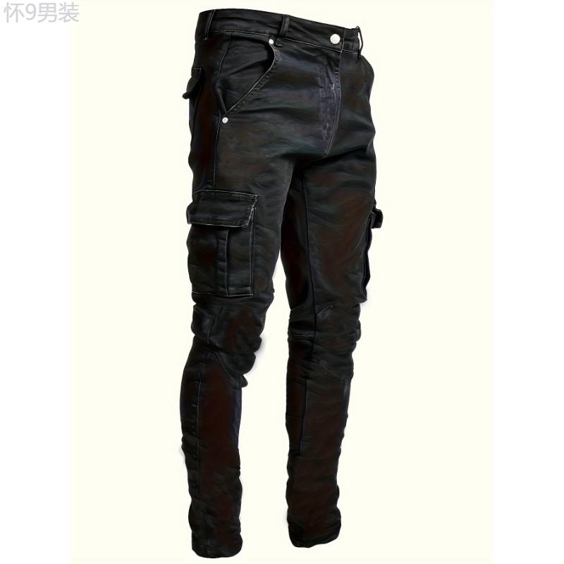 Men's Trendy Solid Cargo Denim Jeans With Side Pocket, Comfy Casual Slim Fit Trousers For Men's Outdoor Activities Menswear Spandex