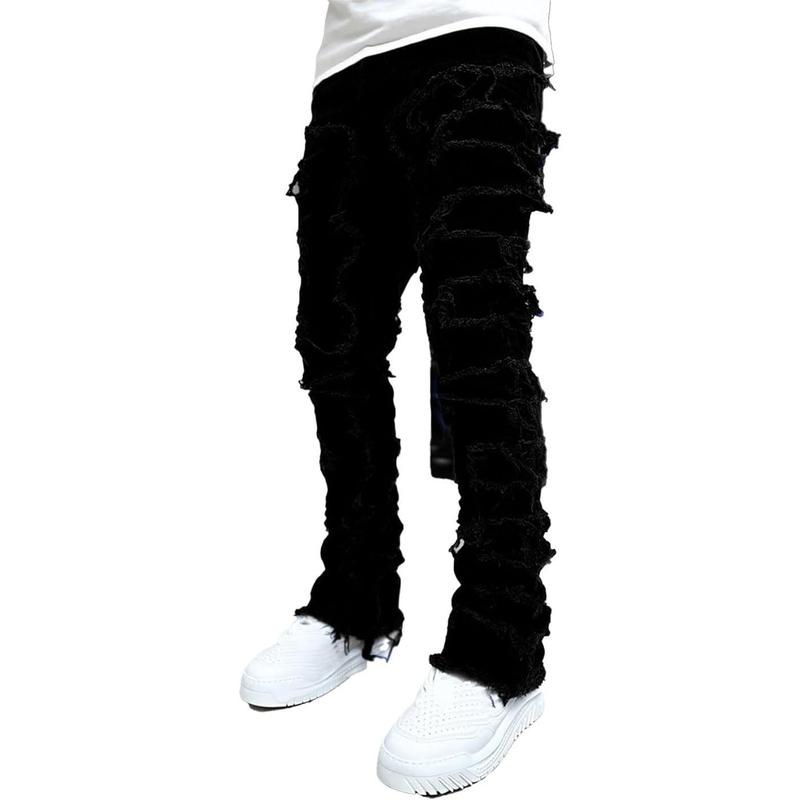 Gpa Men's Black Stacked Jeans Slim Fit Ripped Jeans Ripped Straight Leg Jeans Harajuku Hip Hop Pants Streetwear Casual Jeans Slim Patch Y2K Jeans Slim Pants