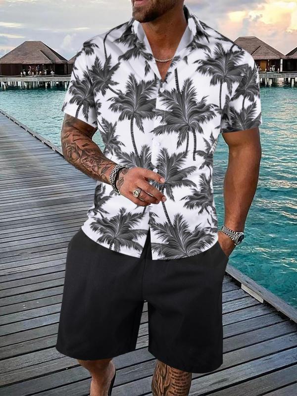 Two-Piece Set Men's Regular Fit Button Front Shirt & Drawstring Shorts Set Without Tee, Summer Clothes Palm Tree Print Hawaiian Shirt & Track Shorts, Summer Beach Casual Short Sleeve Tops & Bottoms for Men