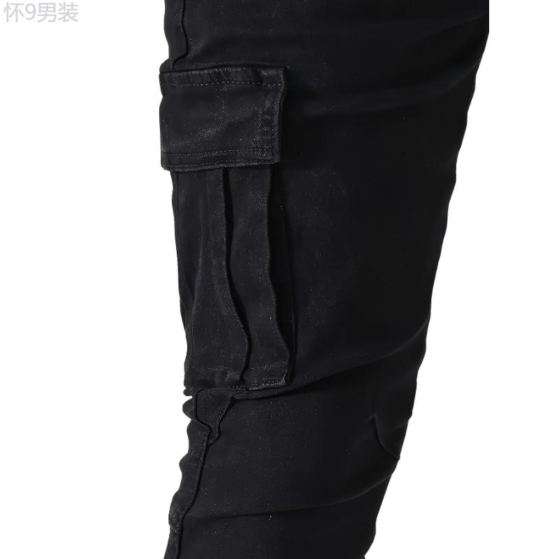 Men's Trendy Solid Cargo Denim Jeans With Side Pocket, Comfy Casual Slim Fit Trousers For Men's Outdoor Activities Menswear Spandex