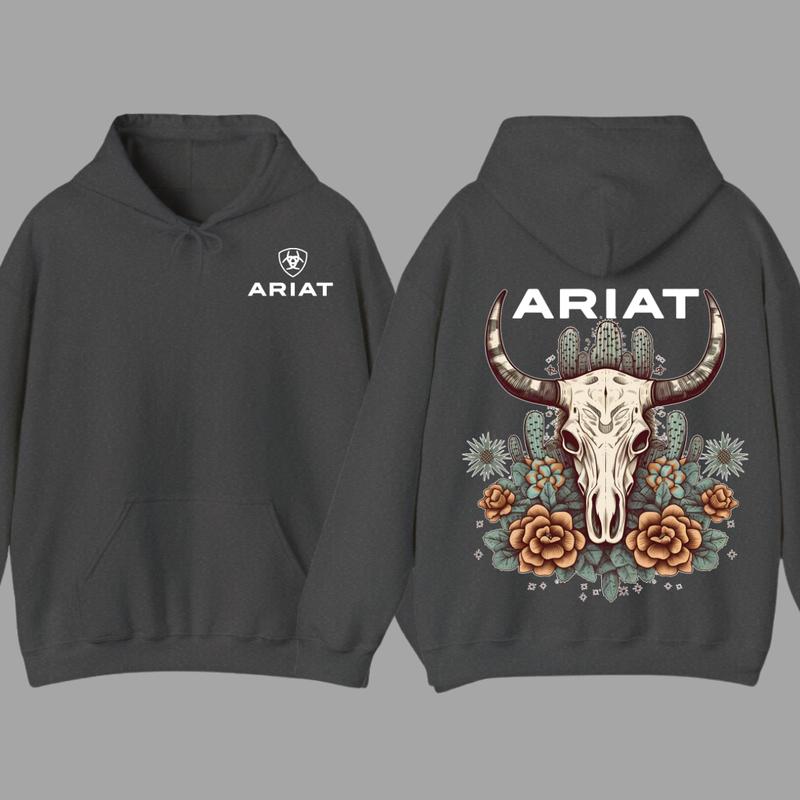 Ariat Hoodie - Bull Skull Design with Cactus Floral Patterns, Unisex Comfort for Outdoor Adventures & Classic Casual Style  Hoodie For Men, For Women