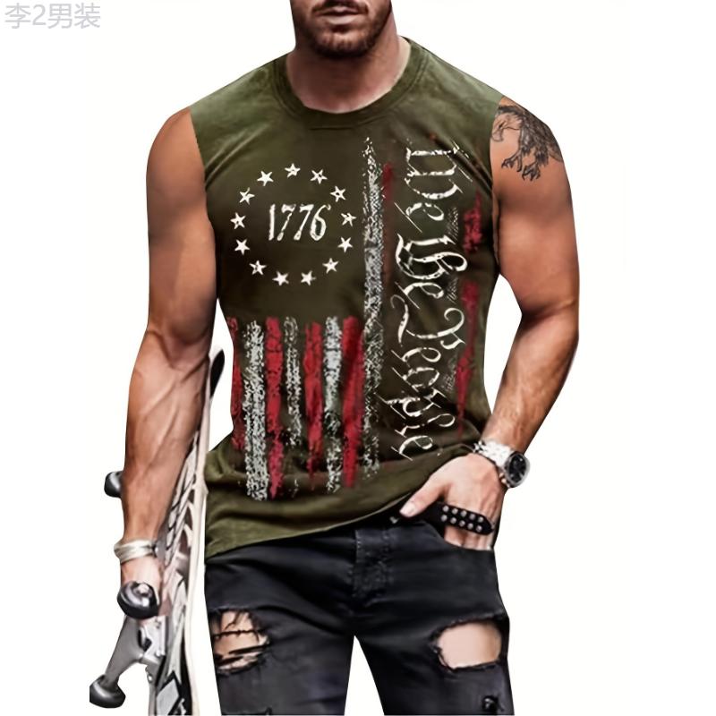 Stylish Summer Men's Tank Top - American Flag Design, Stretchy, Durable Fabric, Crew Neck, Perfect for Indoor & Outdoor Collar Menswear