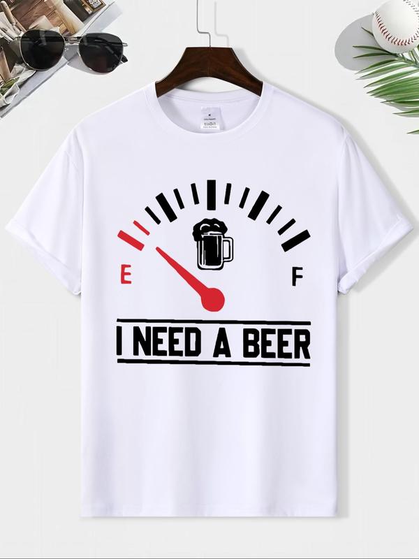 Men's Letter & Beer Print Round Neck Tee, Casual Short Sleeve T-shirt for Summer, Comfy Breathable Men's Top for Daily Wear