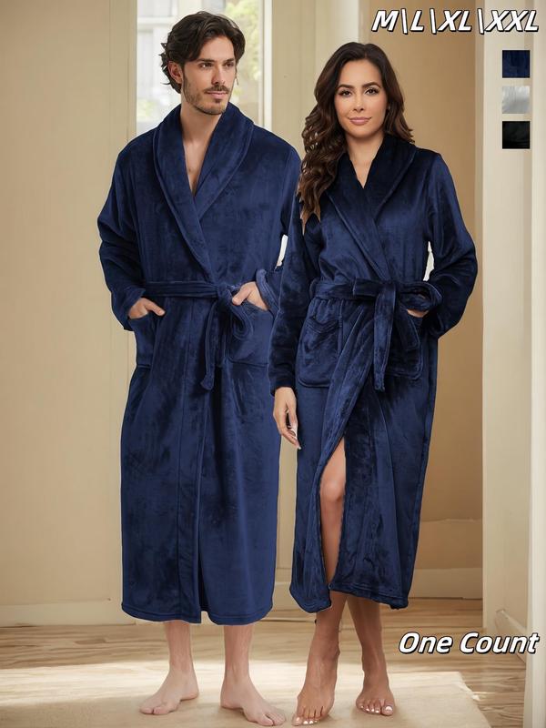 Couple's Solid Belted Pocket Flannel Robe, Casual Long Sleeve Warm Robe for Fall & Winter, Men's Sleepwear for Indoor Wear