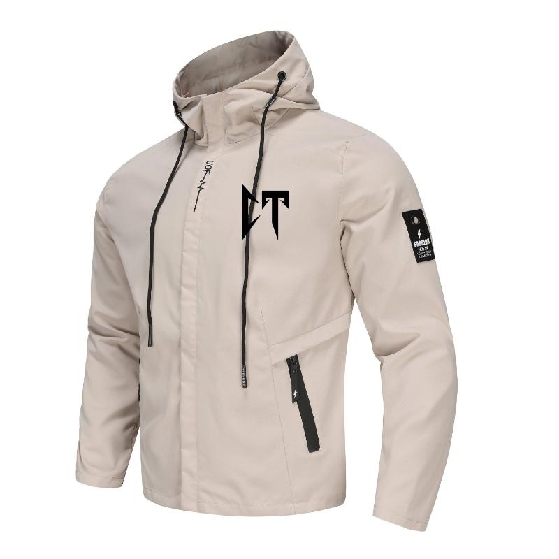 Men's Stylish Letters Print Hooded Windbreaker Jacket with Drawstrings - Outdoor Sports Coat for Men Menswear Sleeve