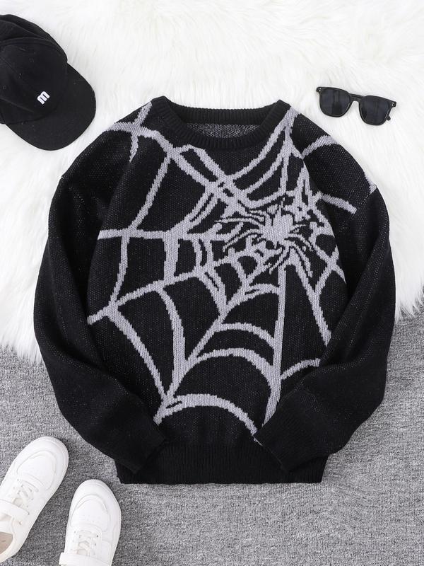 Men's Spider Web Pattern Round Neck Y2K Sweater, Fall Outfits 2024, Regular Fit Casual Drop Shoulder Long Sleeve Jumper for Spring & Fall, Fashion Men's Knitwear for Daily Wear, Fall Outfits