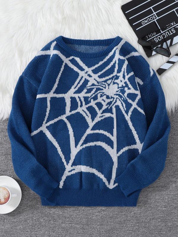 Men's Spider Web Pattern Round Neck Y2K Sweater, Fall Outfits 2024, Regular Fit Casual Drop Shoulder Long Sleeve Jumper for Spring & Fall, Fashion Men's Knitwear for Daily Wear, Fall Outfits