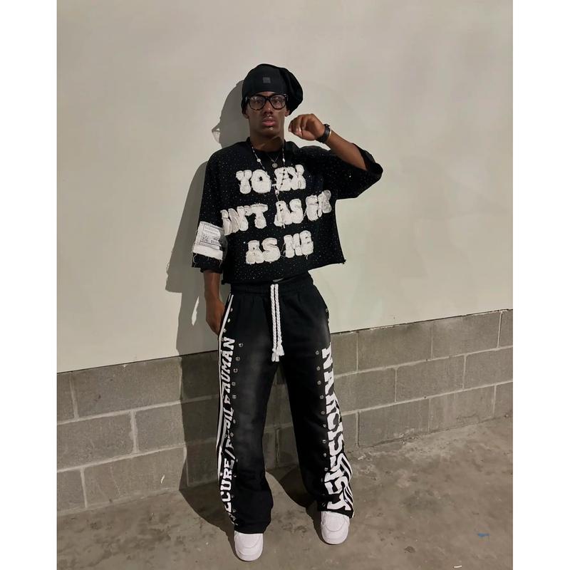 Gothic Letter Patchwork Y2k Clothes for Men Hip Hop Retro Sequin Striped Sweatpants T Shirt Two Piece Set Casual Tracksuit Men