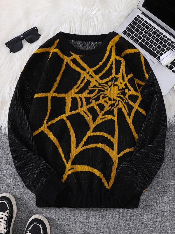 Men's Spider Web Pattern Round Neck Y2K Sweater, Fall Outfits 2024, Regular Fit Casual Drop Shoulder Long Sleeve Jumper for Spring & Fall, Fashion Men's Knitwear for Daily Wear, Fall Outfits