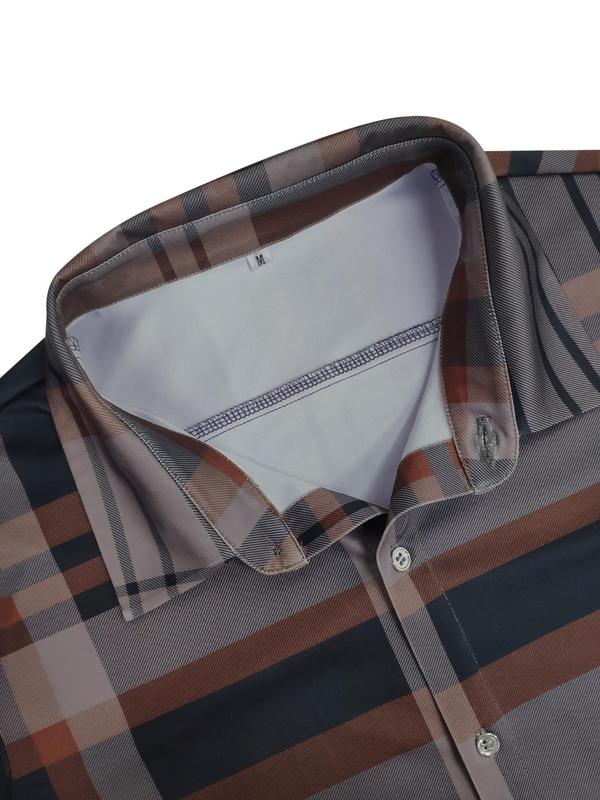 Men's Plaid Print Button Front Shirt, Casual Regular Fit Long Sleeve Collared Top for All Seasons, Fashion Men's Clothes for Daily Wear