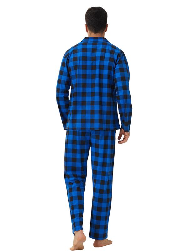 Men's Plaid Print Lapel Neck Pocket Lounge Shirt & Pants Lounge Set, Regular Fit Casual Comfy Long Sleeve Top & Trousers PJ Set, Men's Sleepwear for All Seasons