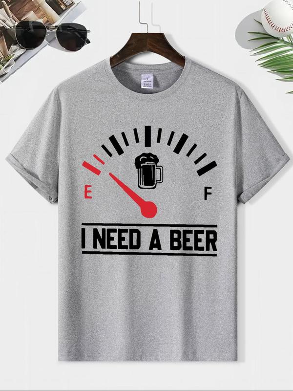 Men's Letter & Beer Print Round Neck Tee, Casual Short Sleeve T-shirt for Summer, Comfy Breathable Men's Top for Daily Wear