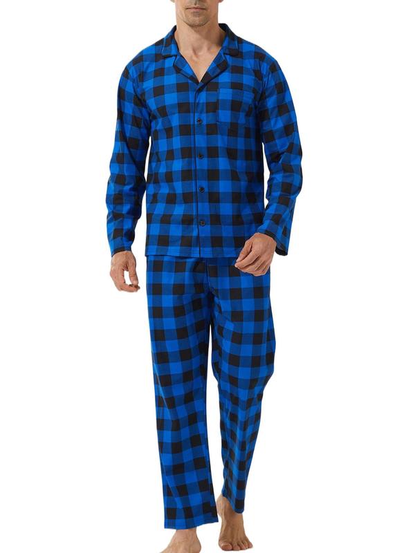 Men's Plaid Print Lapel Neck Pocket Lounge Shirt & Pants Lounge Set, Regular Fit Casual Comfy Long Sleeve Top & Trousers PJ Set, Men's Sleepwear for All Seasons