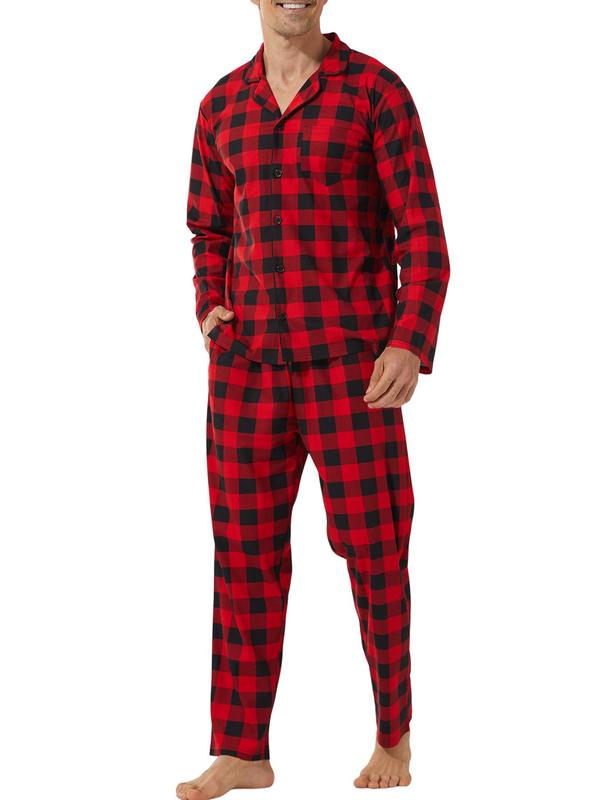 Men's Plaid Print Lapel Neck Pocket Lounge Shirt & Pants Lounge Set, Regular Fit Casual Comfy Long Sleeve Top & Trousers PJ Set, Men's Sleepwear for All Seasons