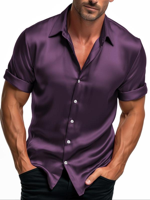 Men's Solid Color Button Front Shirt, Casual Slim Plain Shortsleeve Collared Shirt, Summer Clothes, Men's Clothing Outfits