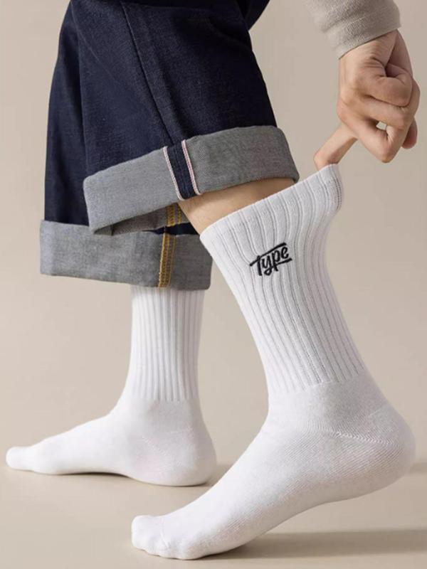 Men's Letter Embroidery Mid-calf Socks, Casual Comfy Breathable Crew Socks for Daily Wear, Men's Socks for All Seasons