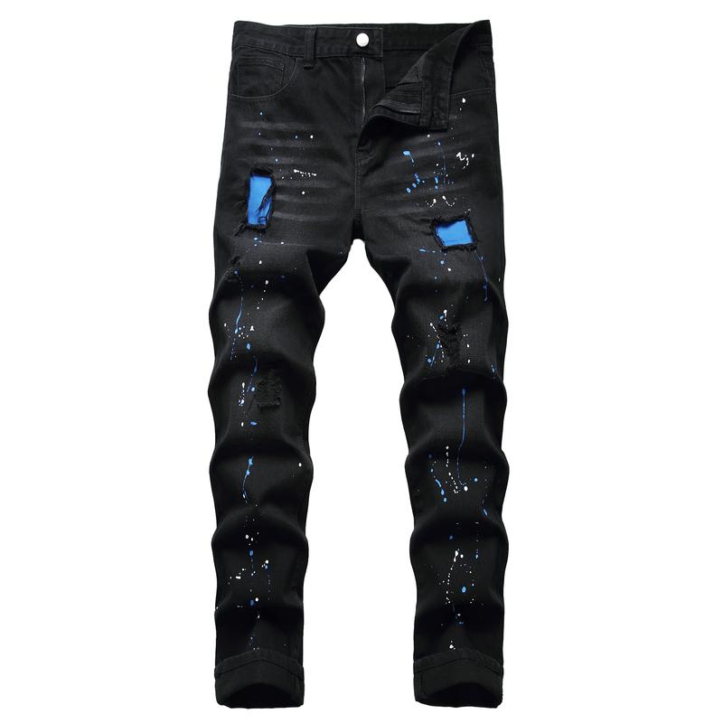 Mens Ripped Jeans, Distressed Destroyed Slim Fit Straight Leg Denim Pants Menswear Trouser