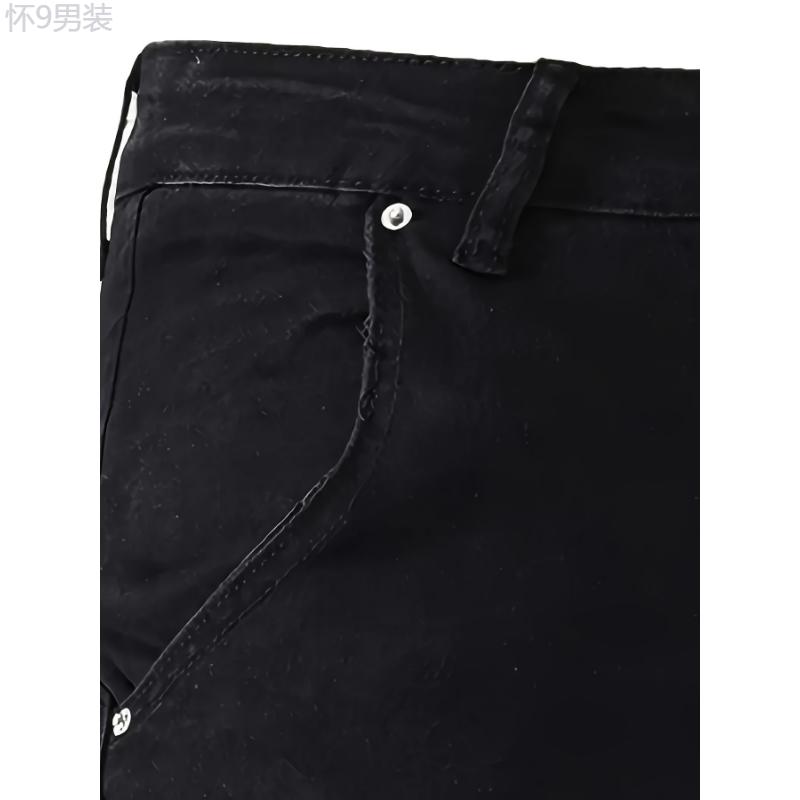 Men's Trendy Solid Cargo Denim Jeans With Side Pocket, Comfy Casual Slim Fit Trousers For Men's Outdoor Activities Menswear Spandex