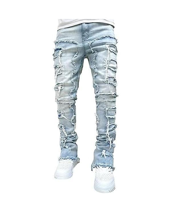 Gpa Men's Black Stacked Jeans Slim Fit Ripped Jeans Ripped Straight Leg Jeans Harajuku Hip Hop Pants Streetwear Casual Jeans Slim Patch Y2K Jeans Slim Pants