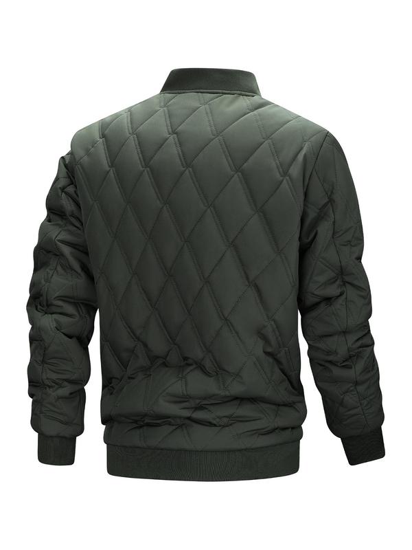 Men's Solid Color Quilted Zip Up Jacket, Loose Casual Long Sleeve Mock Neck Outerwear for Fall & Winter, Men's Clothes for Daily Wear