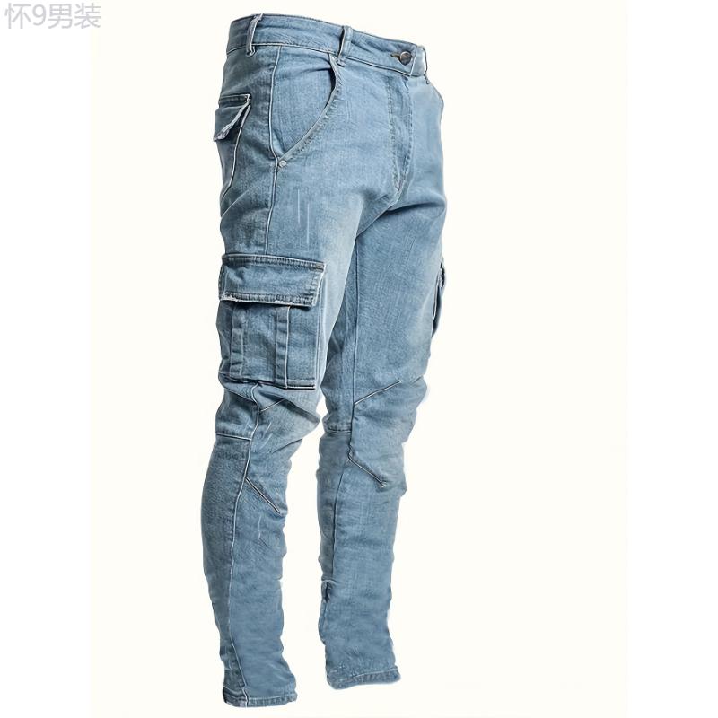 Men's Trendy Solid Cargo Denim Jeans With Side Pocket, Comfy Casual Slim Fit Trousers For Men's Outdoor Activities Menswear Spandex