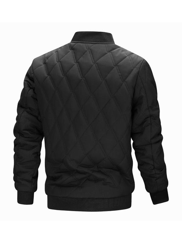 Men's Solid Color Quilted Zip Up Jacket, Loose Casual Long Sleeve Mock Neck Outerwear for Fall & Winter, Men's Clothes for Daily Wear