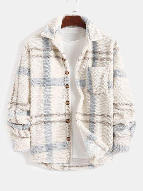 Men's Plaid Print Button Pocket Shirt Jacket, Regular Fit Casual Long Sleeve Collared Outerwear for Fall & Winter, Men's Clothes for Daily Wear