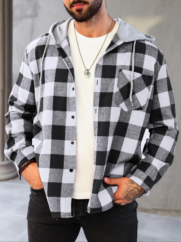 Plus Size Men's Plaid Print Button Front Drawstring Hooded Jacket, Casual Regular Fit Long Sleeve Pocket Outerwear for Daily Wear, Men's Clothes for All Seasons