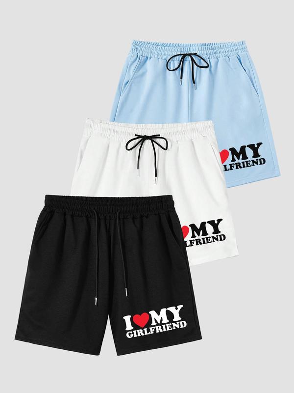 Men's Letter & Heart Print Pocket Drawstring Waist Shorts, Casual Comfy Straight Leg Shorts for Summer, Men's Bottoms for Daily Wear