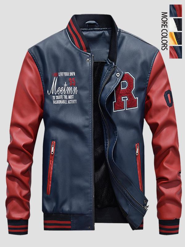 Letter & Figure Embroidery Colorblock Zip Up PU Leather Bomber Jacket, 2024 Fall Outfits, Fallfreshness Casual Long Sleeve Pocket Baseball Collar Outerwear for Fall & Winter, Men's Clothes for Daily Wear Letterman Jacket