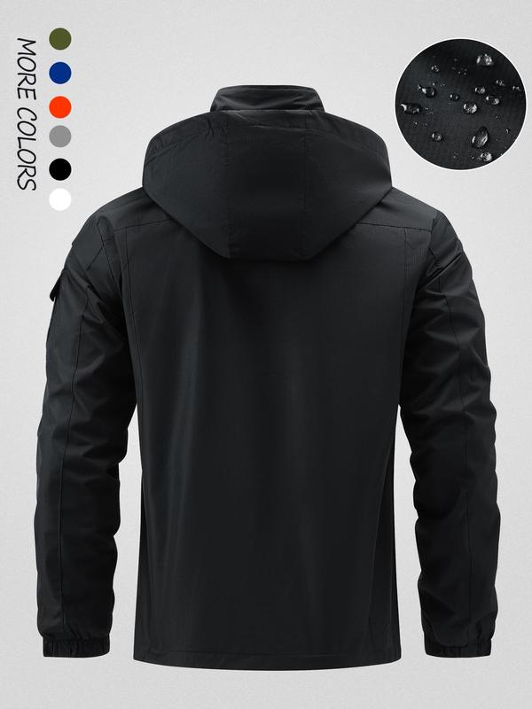 Men's Regular Fit Patchwork Drawstring Zip Up Hooded Jacket, Casual Waterproof Windproof Long Sleeve Outerwear for Spring & Fall, Fashion Men's Clothes for Daily Wear