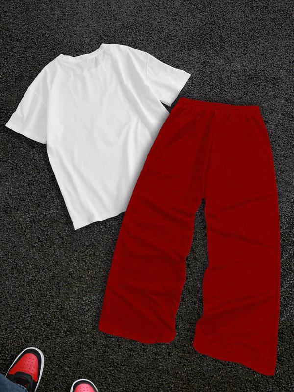 Men's Letter Print Short Sleeve Graphic Tee & Side Stripe Drawstring Waist Pants Two-piece Set, Regular Fit Round Neck T-shirt & Pocket Trousers, Casual Fashion Cozy Breathable Men Two-piece Outfits for Spring & Fall