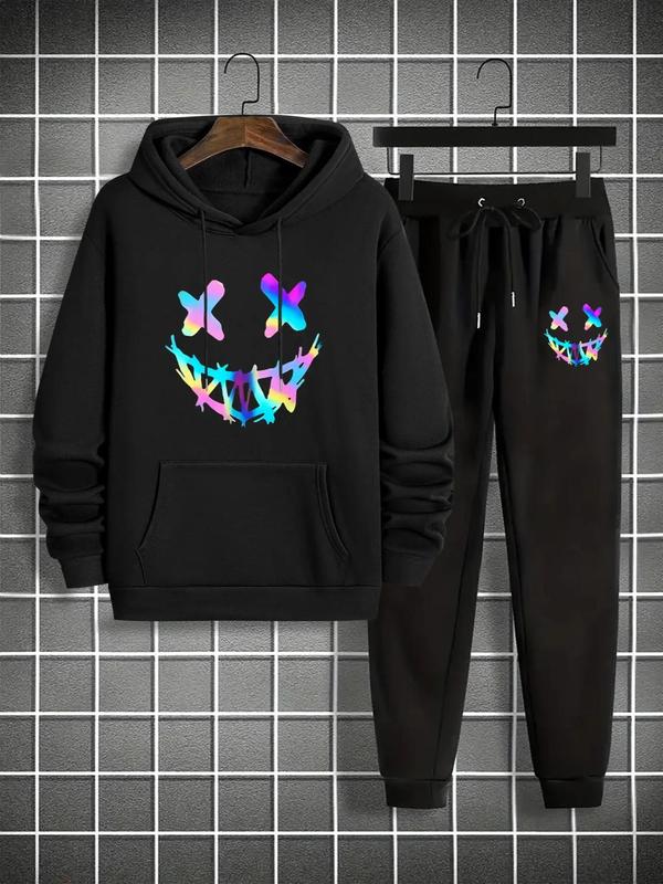 Men's Regular Fit Smile Face Print Hoodie & Drawstring Waist Pants Set, Casual Long Sleeve Hooded Pullover & Pocket Pants, Men's Fall & Winter Clothes