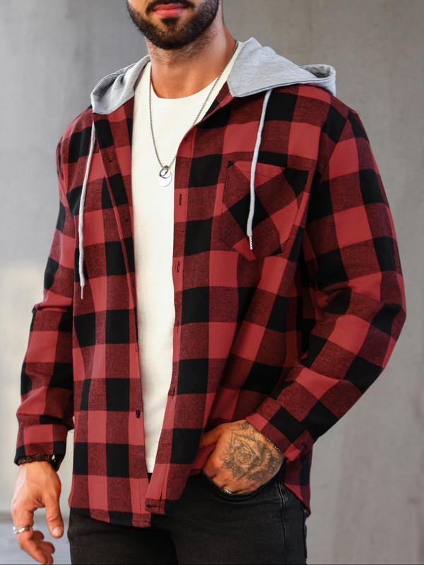 Plus Size Men's Plaid Print Button Front Drawstring Hooded Jacket, Casual Regular Fit Long Sleeve Pocket Outerwear for Daily Wear, Men's Clothes for All Seasons