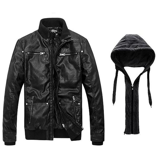 Men's Faux Leather Jacket with Removable Hood Motorcycle Jacket Casual Warm Winter Coat Menswear Tops Menswear Tops leather jacket