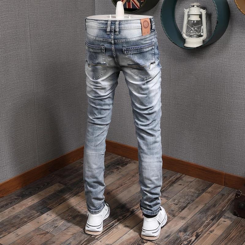 Fashion Designer Men Jeans Retro Light Blue Stretch Slim Fit Printed Ripped Jeans Men Hole Trousers Vintage Casual Pants Hombre