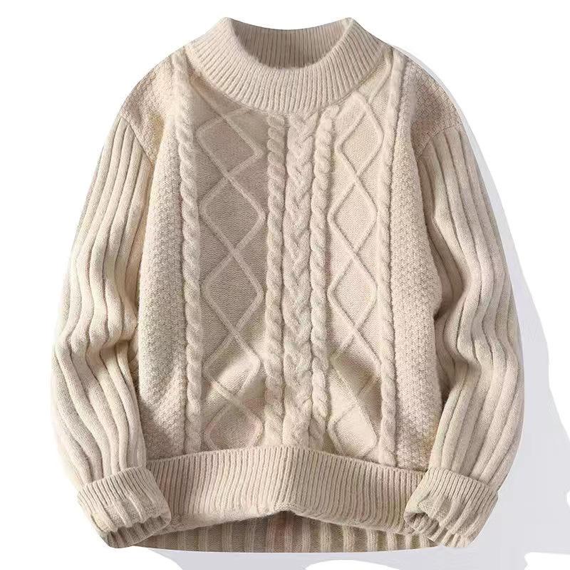 Autumn Fleece-Lined Trendy Less Sweater Men's Thickened Twist Sweater Knitted Warm Bottoming Casual Loose